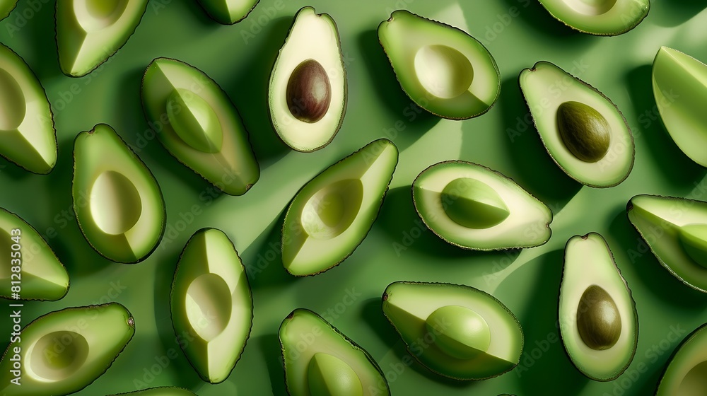 Poster creative layout made of avocado flat lay food concept macro concept green background : generative ai