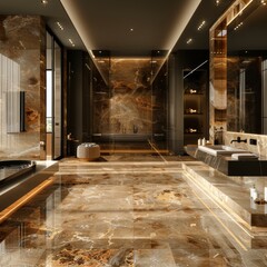 Opulent bathroom design featuring high-end marble detailing and sophisticated modern fixtures.