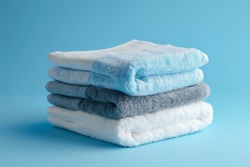 A stack of four clean and fluffy towels in blue and gray colors isolated on blue background.