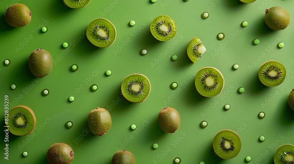 Poster Creative layout made of green kiwi on the green background with dots Flat lay Food concept Macro  concept : Generative AI