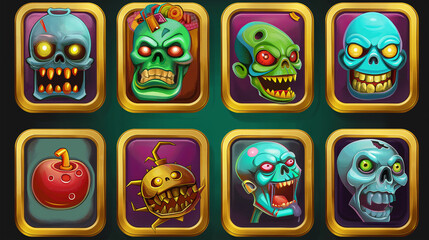 Zombie asset or Slot game icons on dark background, Illustration