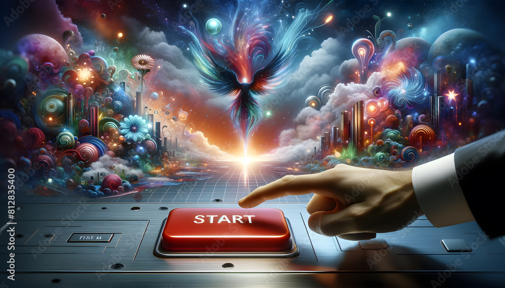 Poster concept of 'start'. it features a large red button on a sleek, metallic surface, with the word 'star