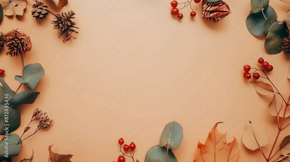 Poster autumn composition frame made of dried flowers eucalyptus leaves berries on beige background autumn 