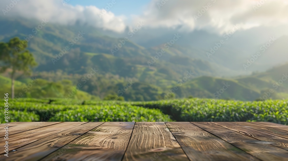 Poster wooden table top on blur green tea mountain and grass fieldfresh and relax conceptfor montage produc