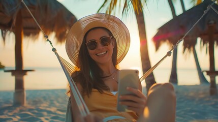 Working remotely Young happy woman female freelancer in straw hat and sunglasses working on smartphone while relaxing in the hammock on the beach at sunset Distance job during vacation : Generative AI
