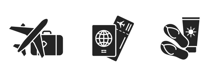 vacation flat icons. plane, passport, luggage and flight ticket. travel and journey symbols. isolated vector images for tourism design