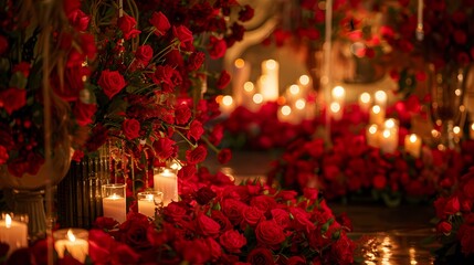 A captivating sight of a wedding space adorned with velvety red roses and softly glowing candles, set against a backdrop of pure white, creating a timeless ambiance of love and beauty
