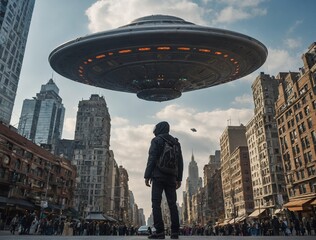 Alien invasion. UFO over the metropolis