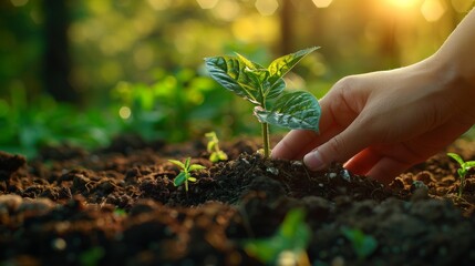 Fototapeta premium Tender moment of hand nurturing a young plant in fertile soil, backlit by warm sunlight in a lush garden.