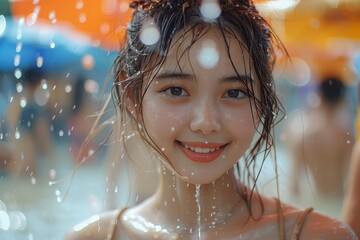 Close-up portrait of a young woman with wet hair enjoying water splashes, warm summer day atmosphere.