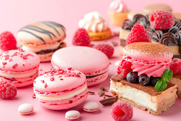 Gourmet Dessert Delights: A mouthwatering assortment of decadent desserts, from macarons to cheesecake slices, against a dessert lover's indulgence pink background 