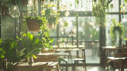 Light and airy plantfilled hanging garden cafe restaurant layout : Generative AI