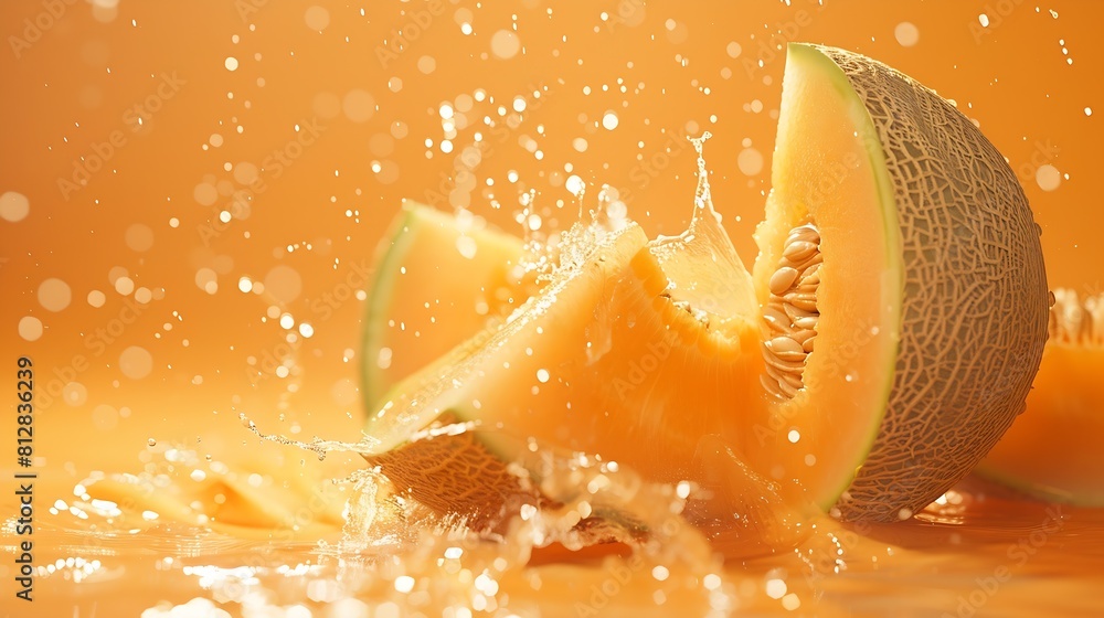 Poster creative layout made from whole and slice of orange japanese melons or cantaloupe melon and water sp