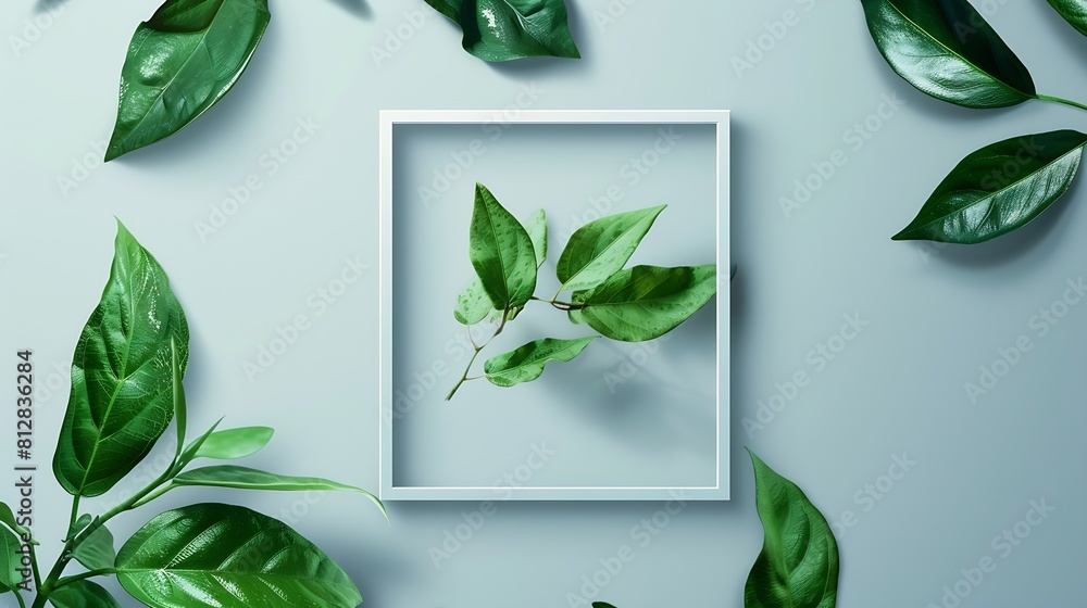 Aufkleber creative layout green leaves with white square frame flat lay for advertising card or invitation : g