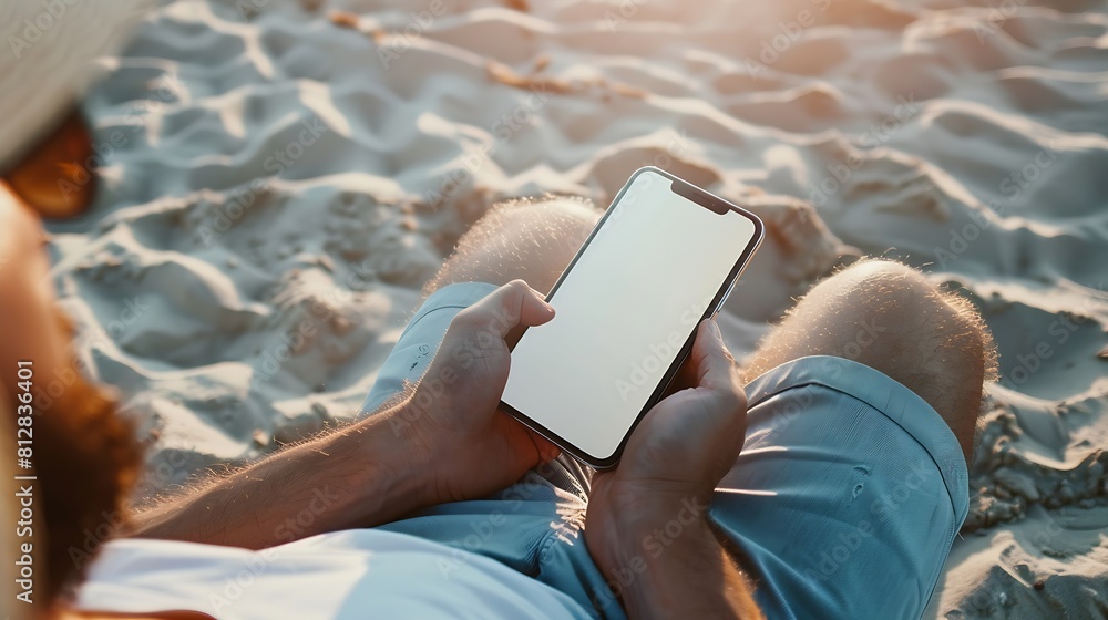 Leinwandbilder mockup image of a man holding mobile phone with blank desktop screen while sitting on the beach : ge