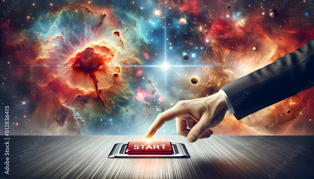 Poster concept of 'start'. it features a large red button on a sleek, metallic surface, with the word 'star