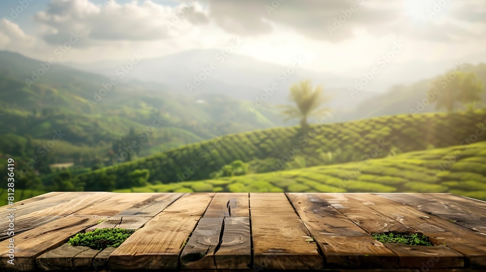 Poster wooden table top on blur green tea mountain and grass fieldfresh and relax conceptfor montage produc