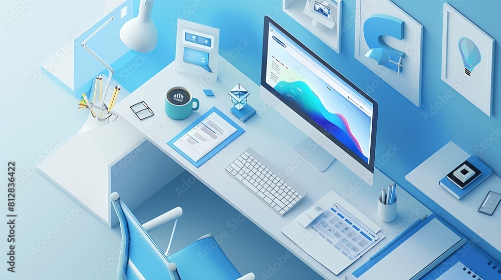 Poster Isometric web design studio desk with computer display laptop and concept page layout : Generative AI