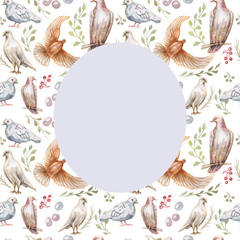 Pigeon birds hand drawn watercolor set park city animals feathers wings environment
