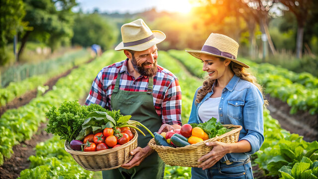 Rural Organic Farming: Couple Cultivating Sustainable Produce. Perfect for: Earth Day, World Environment Day, Agricultural Awareness Day, sustainable farming, organic agriculture. - Powered by Adobe