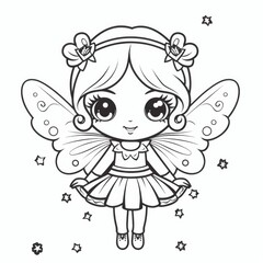 A child coloring a whimsical fairy in a coloring book. Kids coloring page