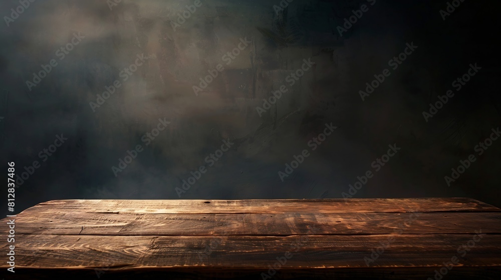 Poster Old wood table on dark background : Generative AI