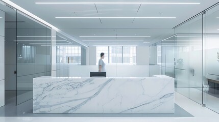 Modern office space featuring sleek glass partitions overhead linear lighting a marble reception desk with an employee and an open layout with minimalist aesthetics : Generative AI