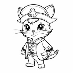 A coloring page featuring a cat dressed as a pirate. Kids coloring page