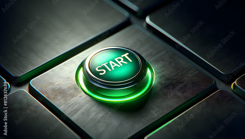 Poster concept of 'start'. it features a large red button on a sleek, metallic surface, with the word 'star