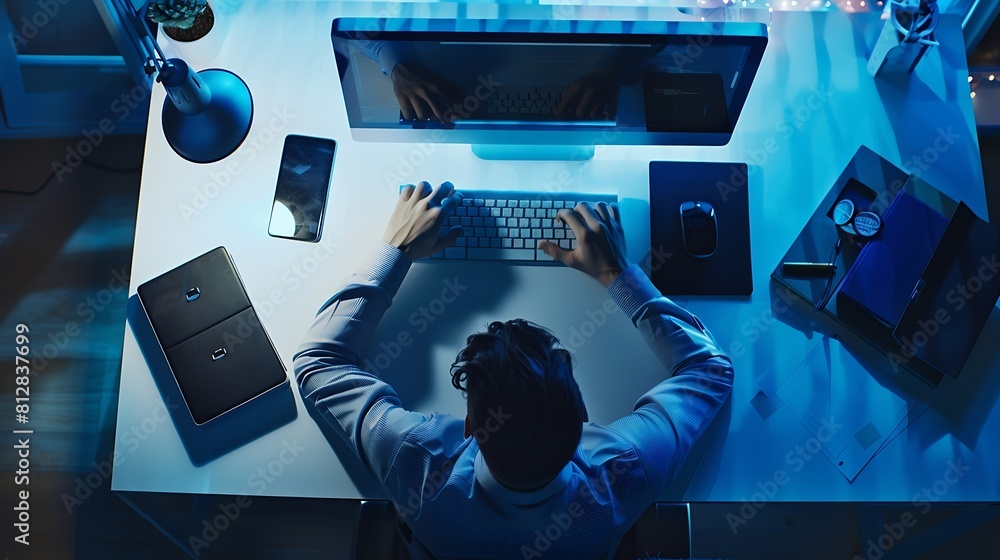 Poster new jobs concept Top view of a businessman using his work computer on a desk : Generative AI