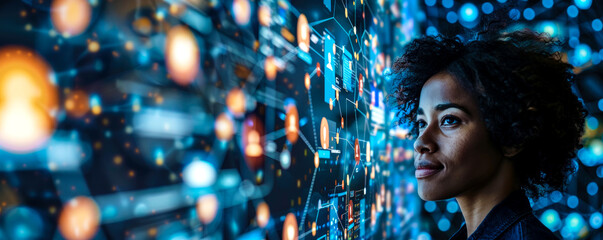 Global network and communication concept. people look at the screen with many faces. international communication on the Internet