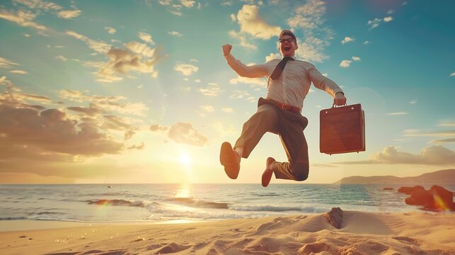 Finishing deadlines and jumping into beach Smiling happy businessman office worker going on summer vacation Contemporary art collage Concept of business and vacation inspiration surrea : Generative AI