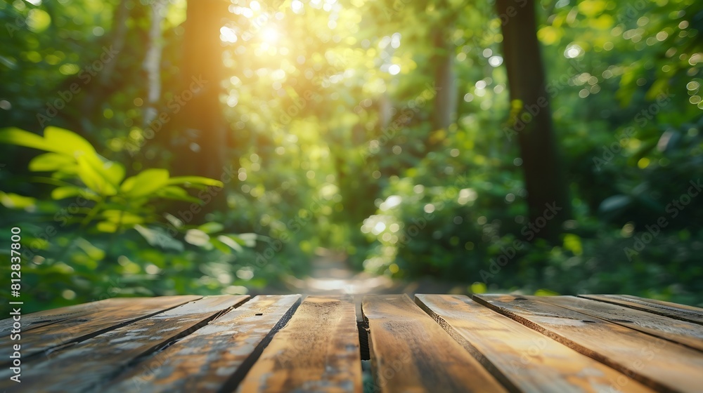Poster Wooden table top on blur green forestFresh and Relax or health care conceptperspective viewFor montage product display or design key visual layoutView of copy space : Generative AI