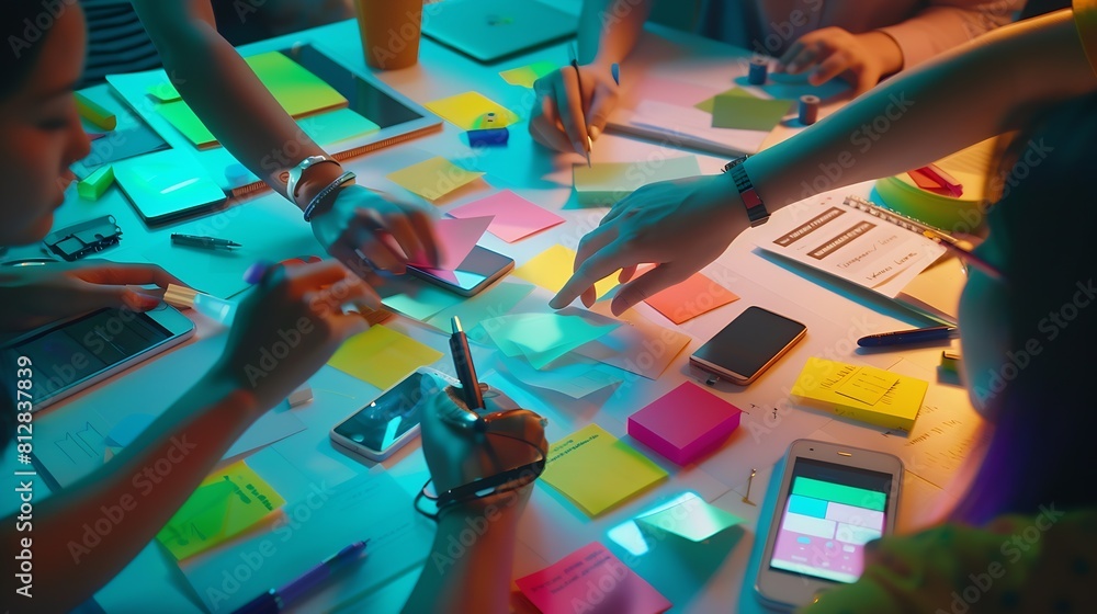 Aufkleber Brainstorm planing creative asian teamwork  Close up of hands mobile phone app developer team meeting for share ideas about prototype layout for smartphone ui ux startup small business : Generative AI