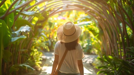 Tourist woman enjoying her summer vacation Rear view of an attractive young woman smiling at the camera while walking along a plant tunnel Young woman walking alone outside a holiday r : Generative AI