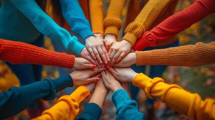 Flat top view of a group of people wearing colored long sleeve shirts putting their hands on top of other hands in a circle, depicting a strong teamwork