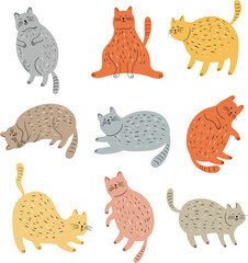 Set of cute doodle cats. Hand drawn simple animal illustration set isolated on white background.