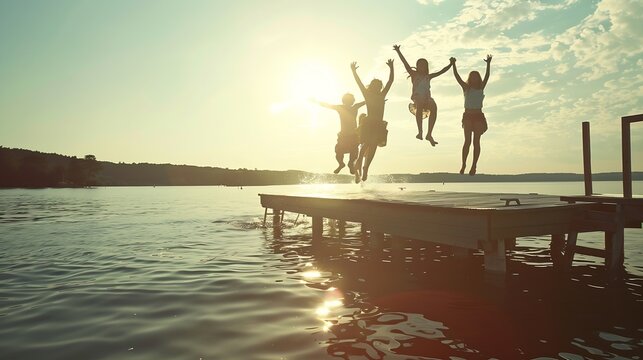 Group of teenage kids jumping off the dock into the lake together during a fun summer vacation : Generative AI
