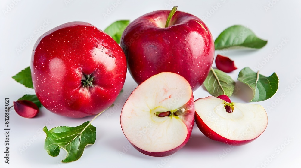 Poster red apples whole and pieces with leaves on a white background poster : generative ai