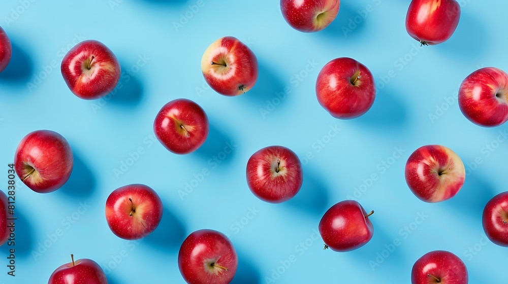 Poster Colorful fruit pattern of fresh red apples on blue background From top view : Generative AI
