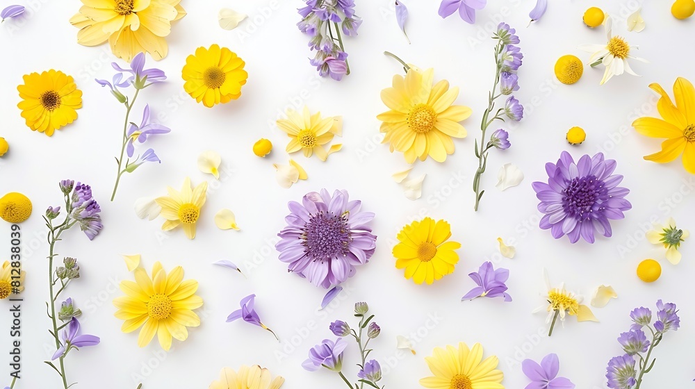 Poster flowers composition yellow and purple flowers on white background spring easter concept flat lay top
