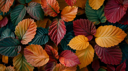 A close-up of colorful autumn leaves