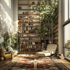 high quality transparent psd  a library featuring a white chair, a red book, and a green tree