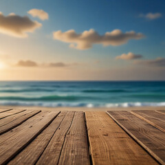 Fototapeta premium Empty wooden planks with blur beach on background, can be used for product placement, palm leaves on foreground