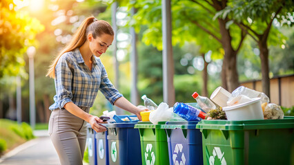 Waste Sorting: Woman Recycling Materials for Resource Conservation. Perfect for: Earth Day, Sustainability Awareness Week, waste management, resource conservation, environmental responsibility.