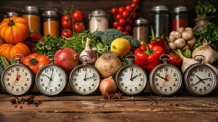 A row of clocks and various vegetables neatly arranged on a wooden table, creating a juxtaposition between time and nature