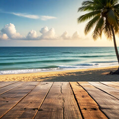 Fototapeta premium Empty wooden planks with blur beach on background, can be used for product placement, palm leaves on foreground