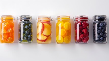 Clear glass jars containing homemade preserves, showcasing vibrant fruits against a clean white...