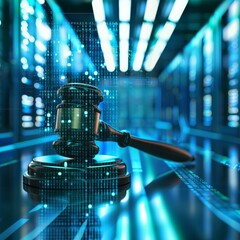 Data Encryption Law: Gavel Symbol on Neon Data Center Background