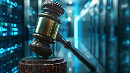 Judicial Gavel in Neon Blue Data Center: Online Law Concept